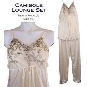 Camisole Ankle Pants Set Satin Lingerie XS Cream Blush Lace Sexy Loungewear NEW